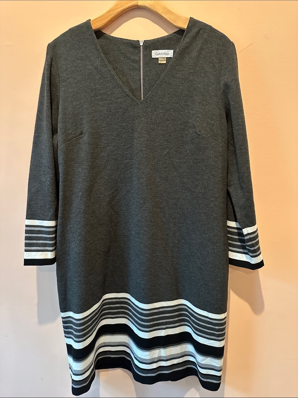 Calvin Klein Charcoal V-Neck Knit Dress with Striped Hem